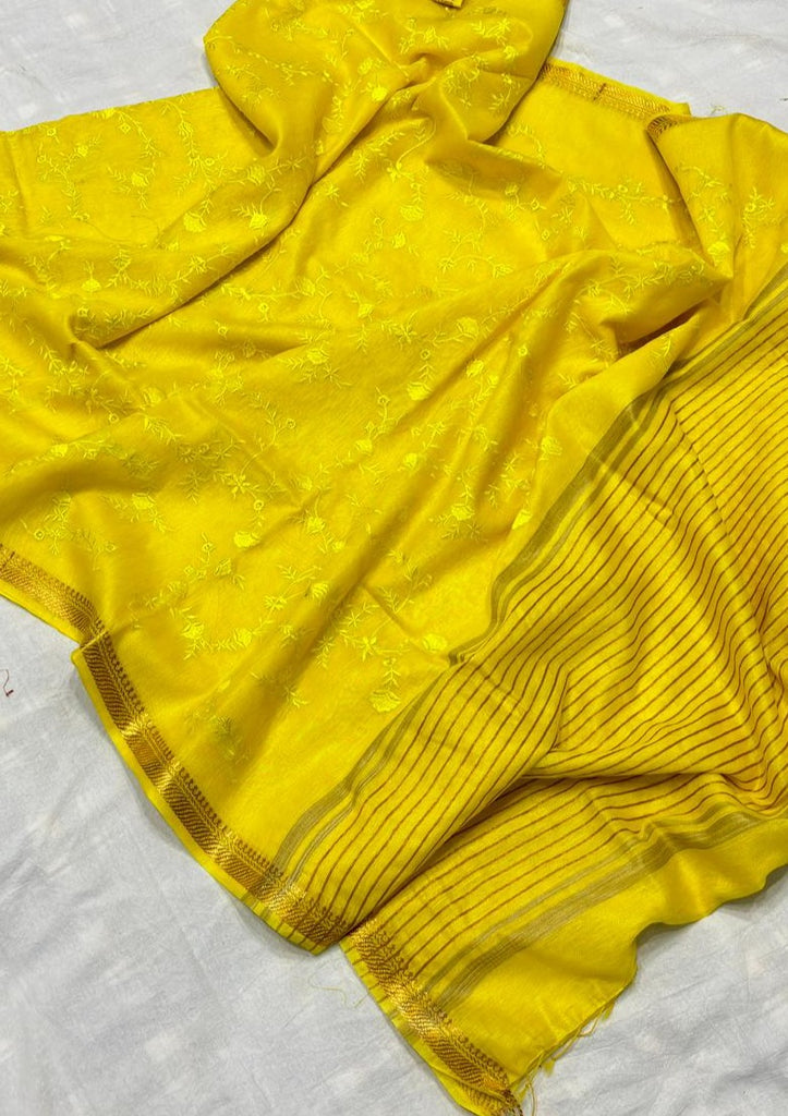 Assorted Pure Handwoven Embroidered  Silk Linen Saree(yellow by yellow)