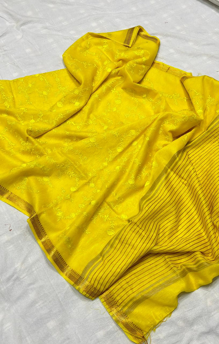 Assorted Pure Handwoven Embroidered  Silk Linen Saree(yellow by yellow)