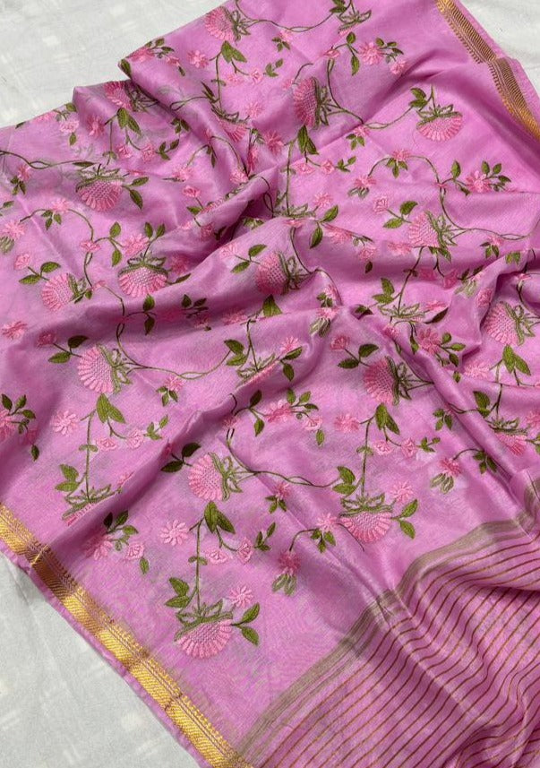 Assorted Pure Handwoven Embroidered  Silk Linen Saree(Pink )