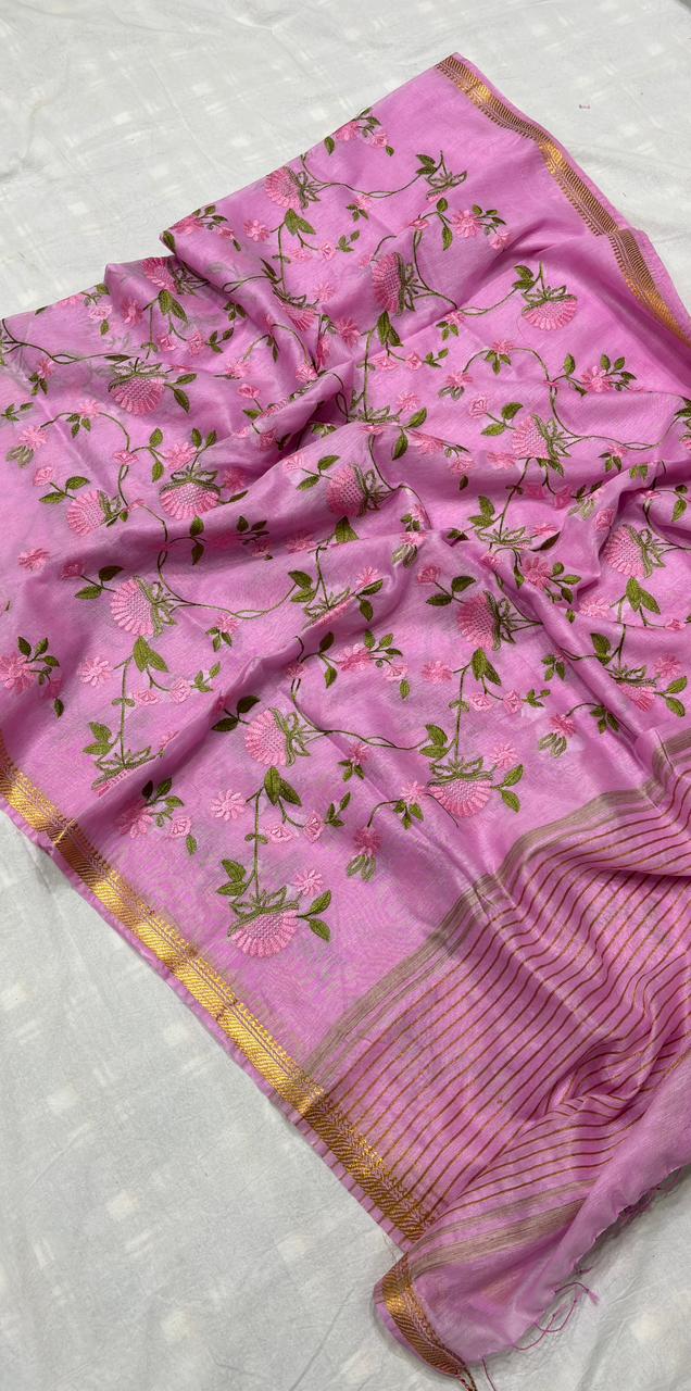 Assorted Pure Handwoven Embroidered  Silk Linen Saree(Pink )