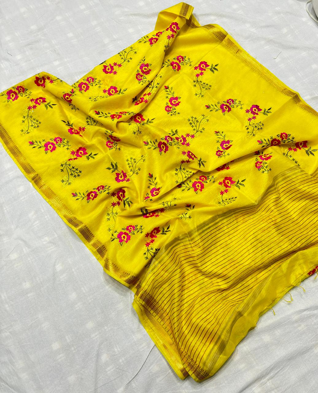 Assorted Pure Handwoven Embroidered  Silk Linen Saree(Bright Yellow)