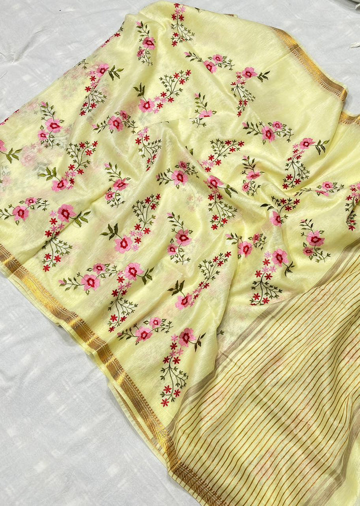 Assorted Pure Handwoven Embroidered  Silk Linen Saree(cream)