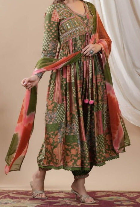 Moss Green  - Designer Jaipuri Afghani Kurti Set