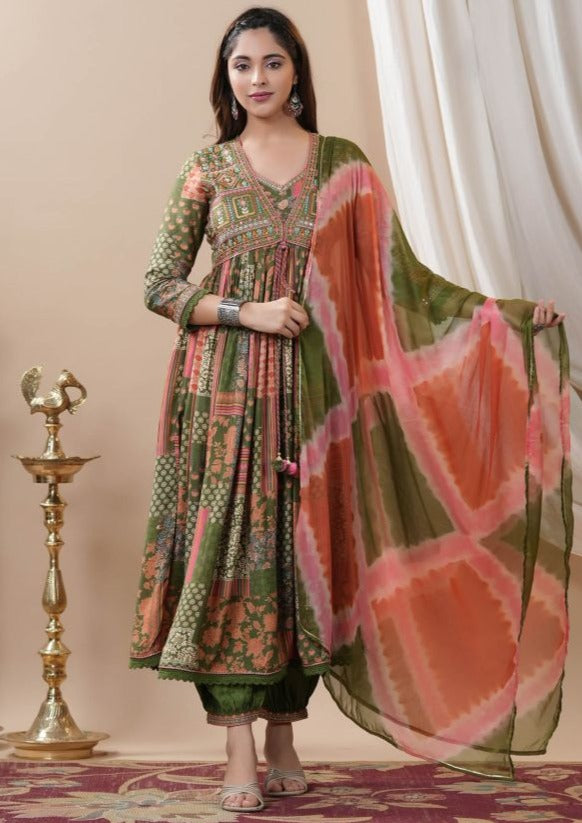 Moss Green  - Designer Jaipuri Afghani Kurti Set