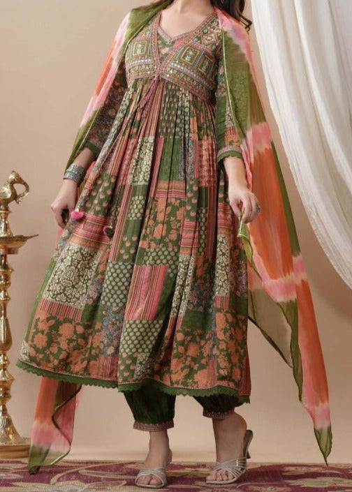 Moss Green  - Designer Jaipuri Afghani Kurti Set