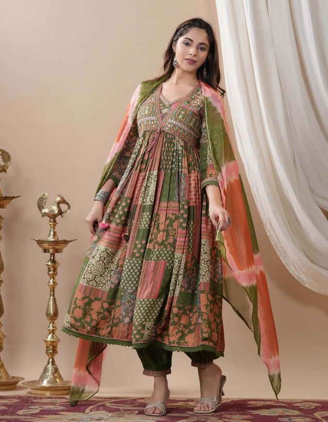 Moss Green  - Designer Jaipuri Afghani Kurti Set