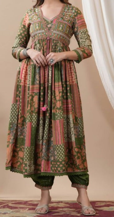 Moss Green  - Designer Jaipuri Afghani Kurti Set