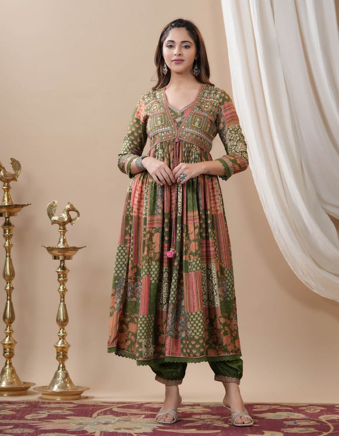 Moss Green  - Designer Jaipuri Afghani Kurti Set