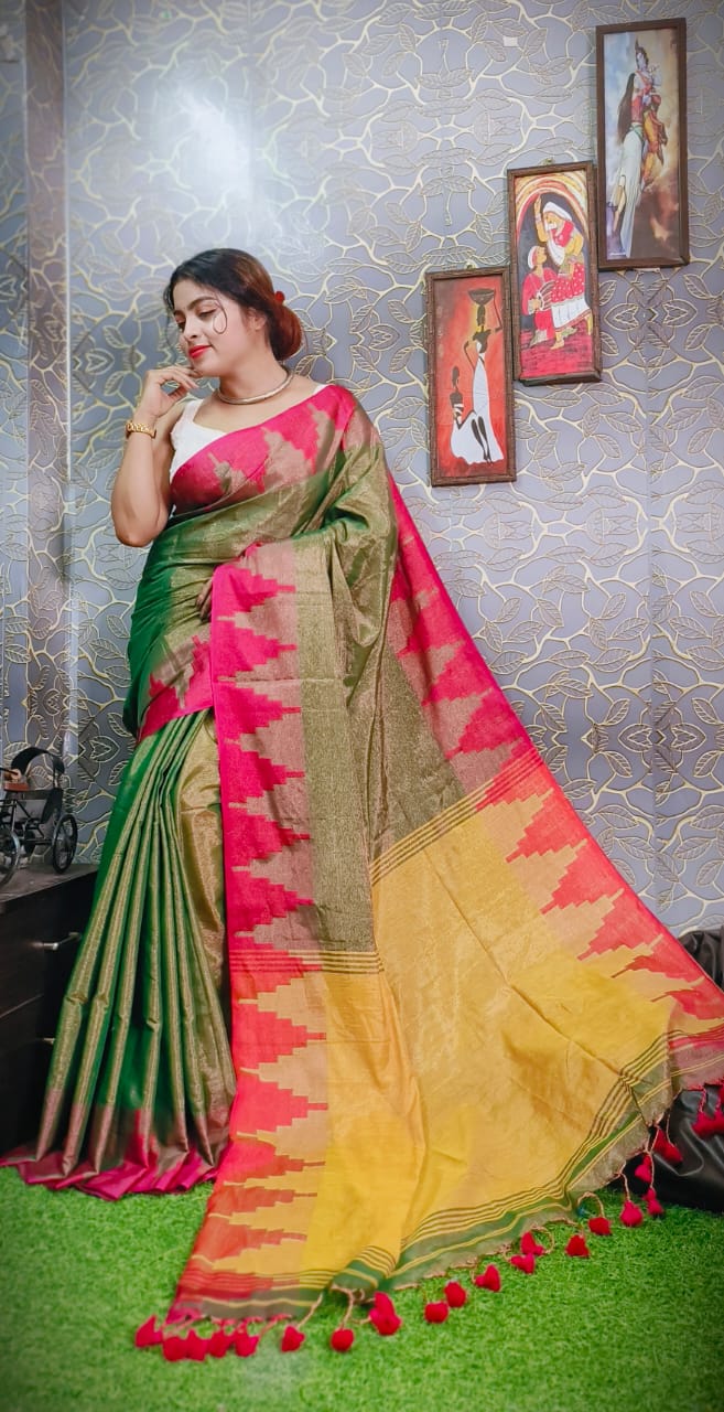 Temple Border  Tissue Khadi Saree