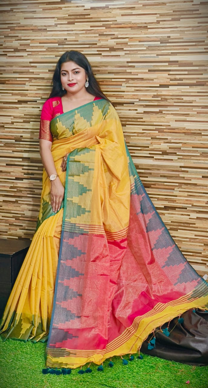 Temple Border  Tissue Khadi Saree