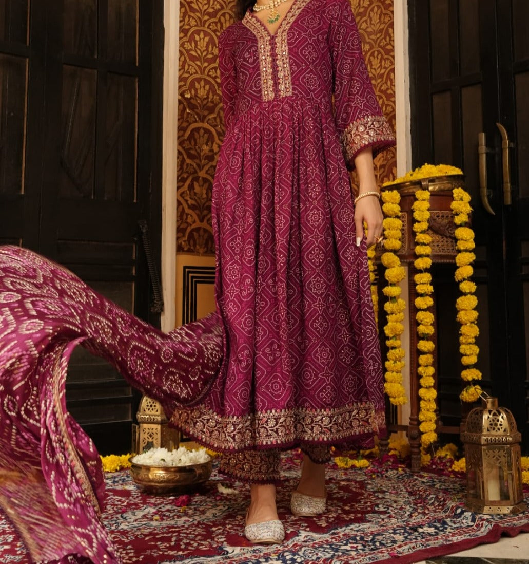 Burgundy Bliss - Designer Bandhani print  Anarkali Kurti Set