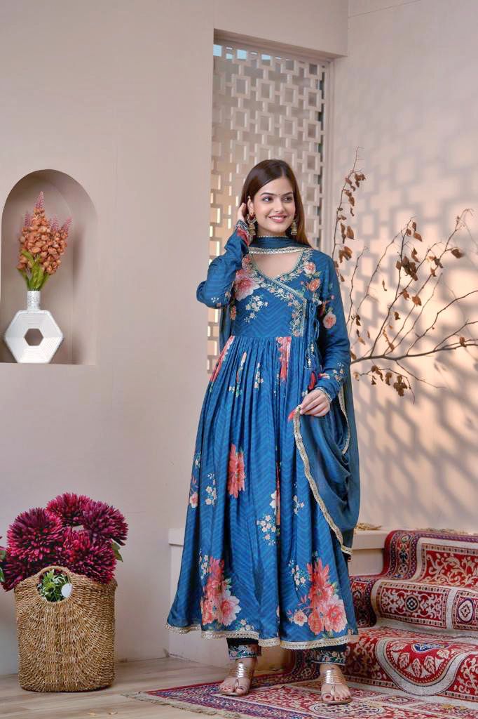 Forever Blue- Anarkali Angrakha Digital Print Kurti Set