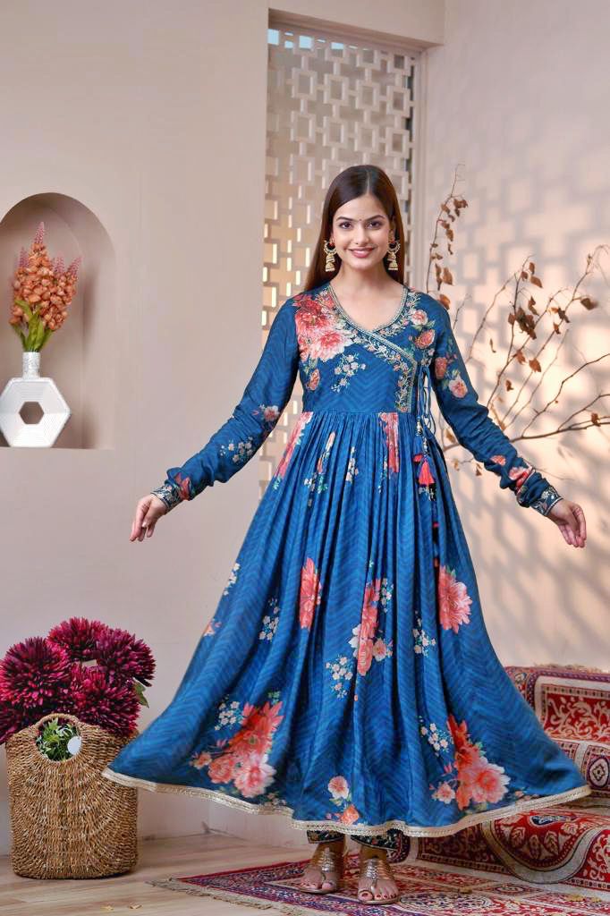 Forever Blue- Anarkali Angrakha Digital Print Kurti Set