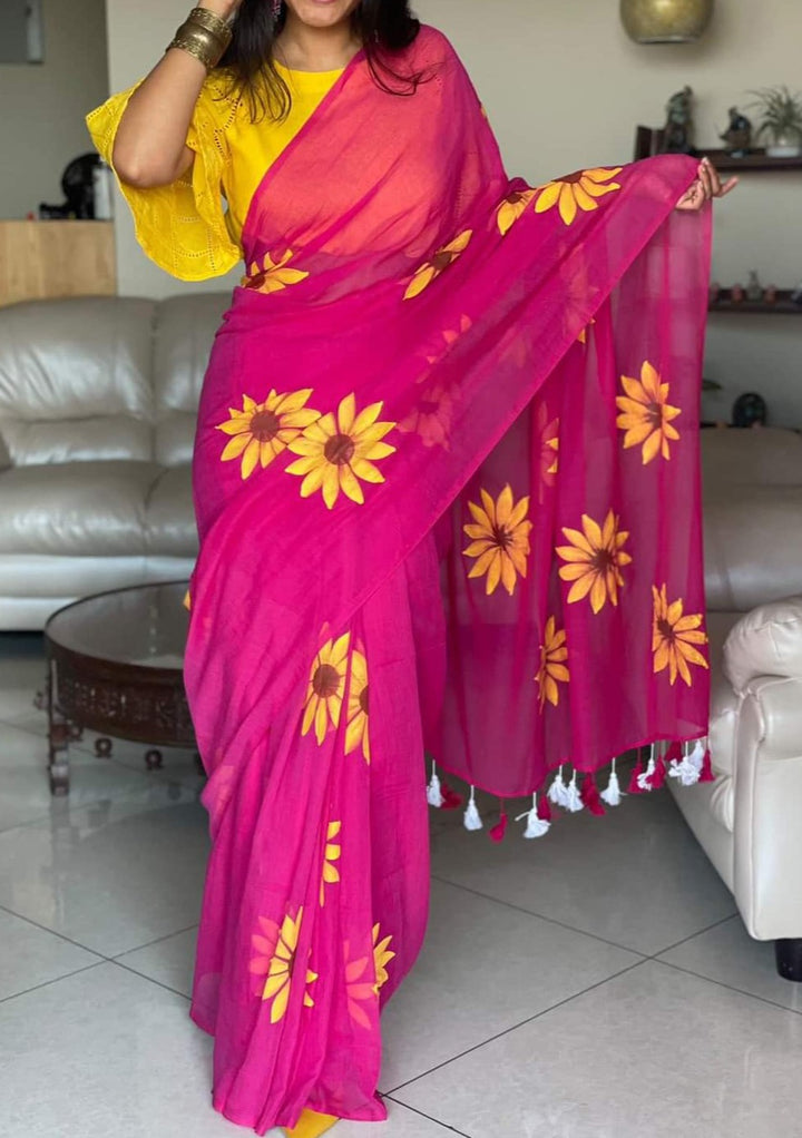 Cheerful Sunflower - Pure Khadi Cotton Sareee