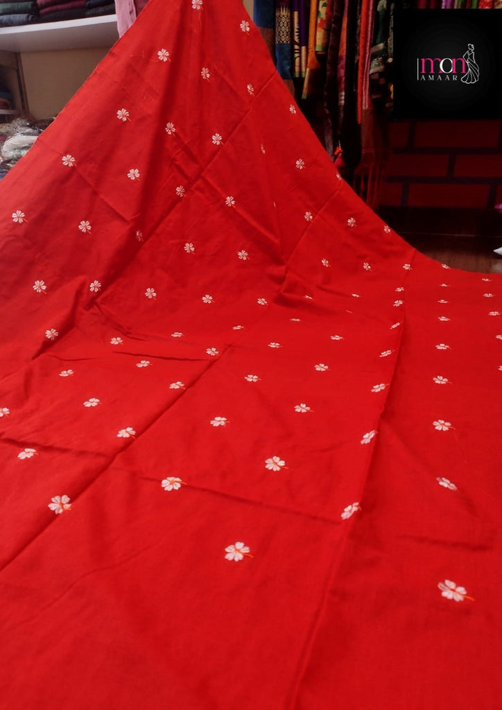 Bengal Shiuli(Jasmine) khadi Saree In Red