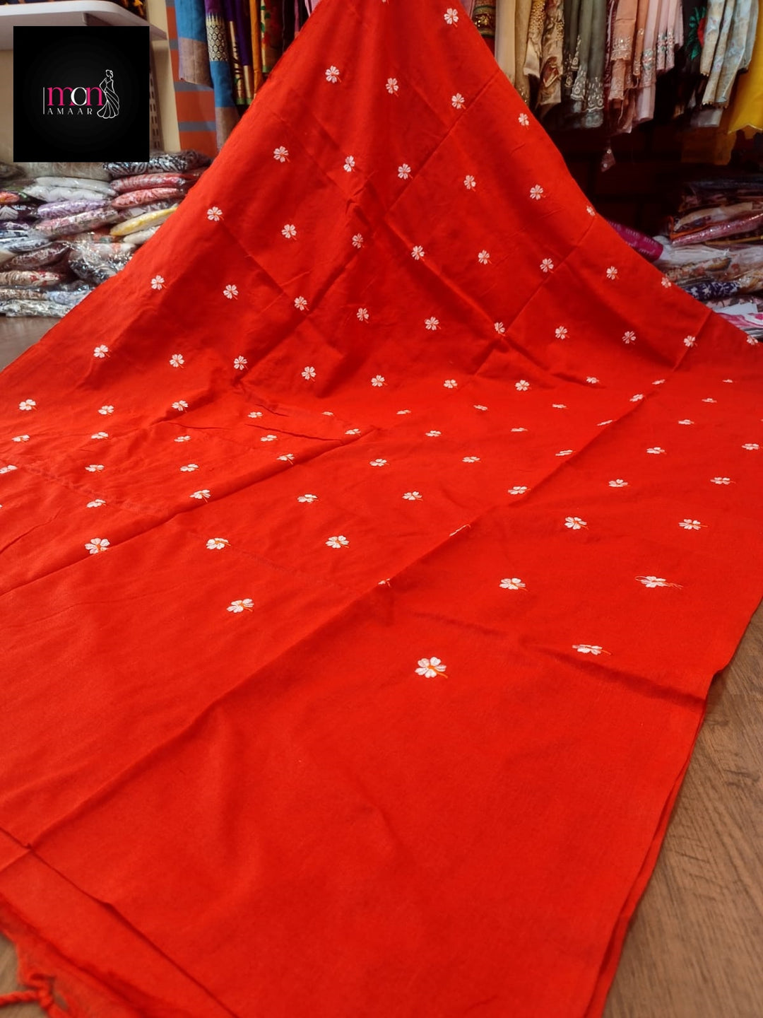 Bengal Shiuli(Jasmine) khadi Saree In Red