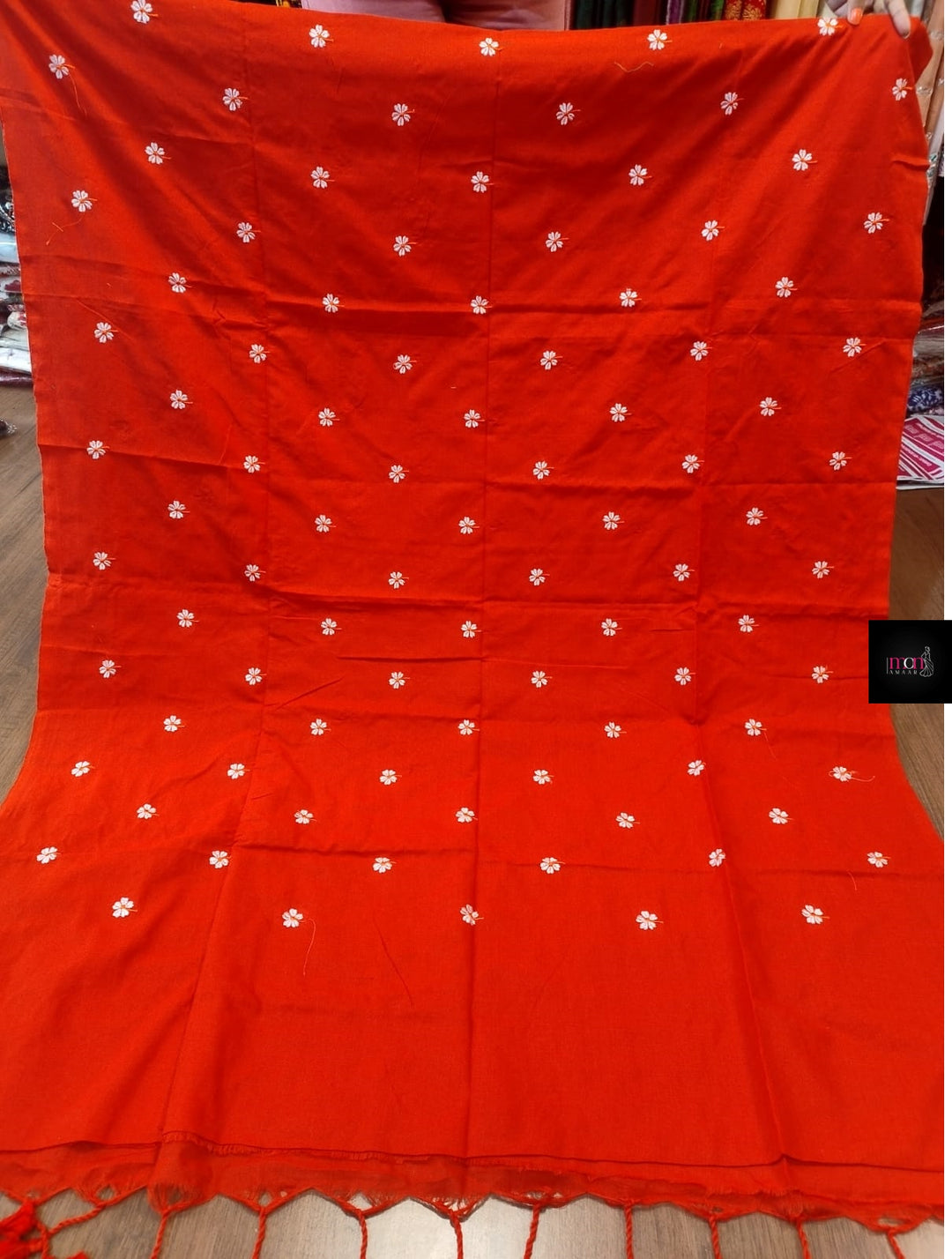 Bengal Shiuli(Jasmine) khadi Saree In Red