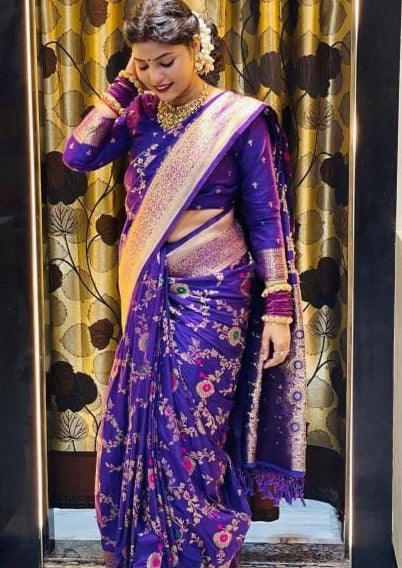 Avid Love - A Beautiful Floral Banarasi Saree (Purple)