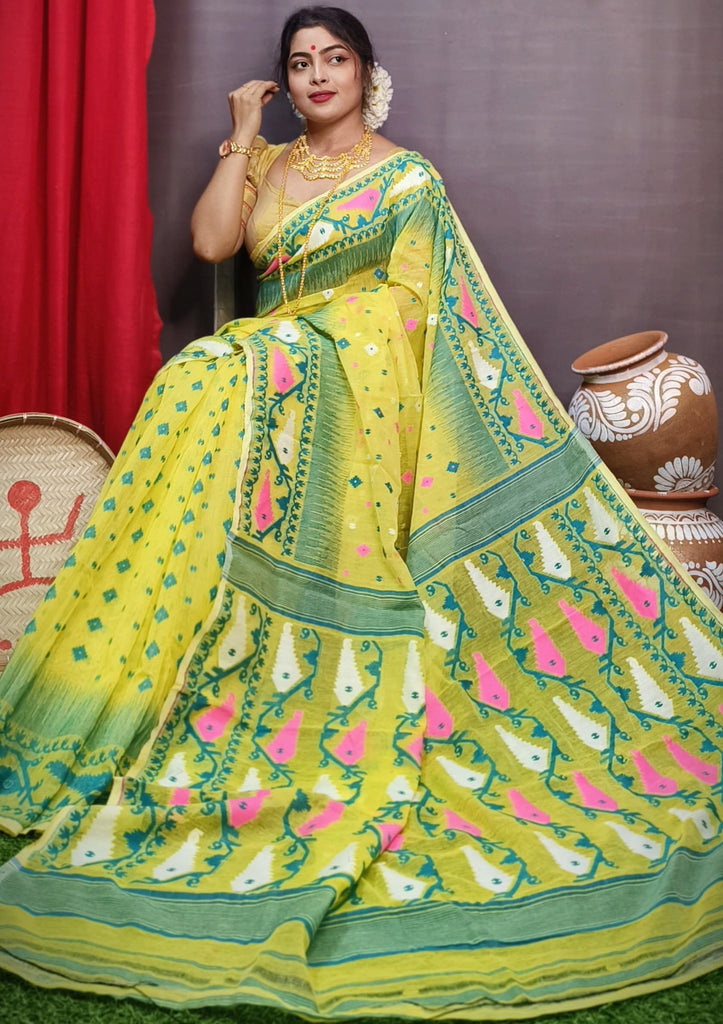 Pineapple Yellow and Dark Green Designer Ikkat Dhakai Jamdani Saree
