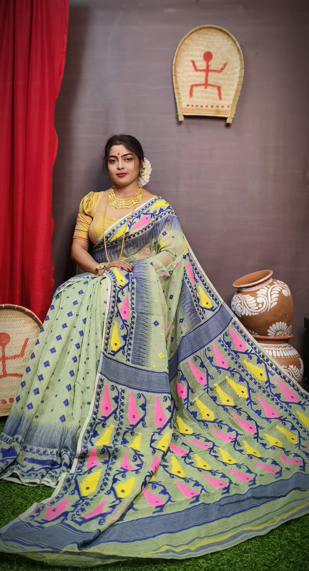 Mint Green and Navy Blue Designer Ikkat Dhakai Jamdani Saree