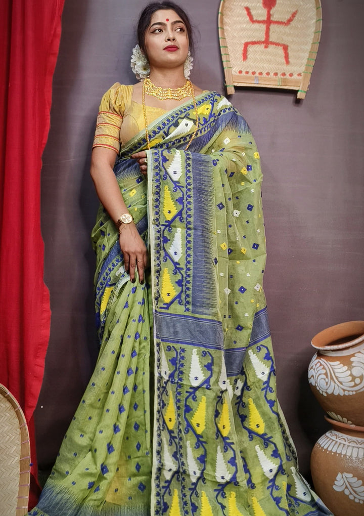 Olive Green and Navy Blue Designer Ikkat Dhakai Jamdani Saree