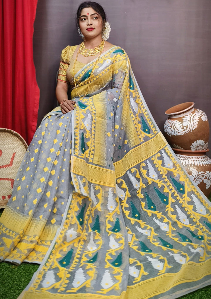 Coin Grey and Yellow Designer Ikkat Dhakai Jamdani Saree