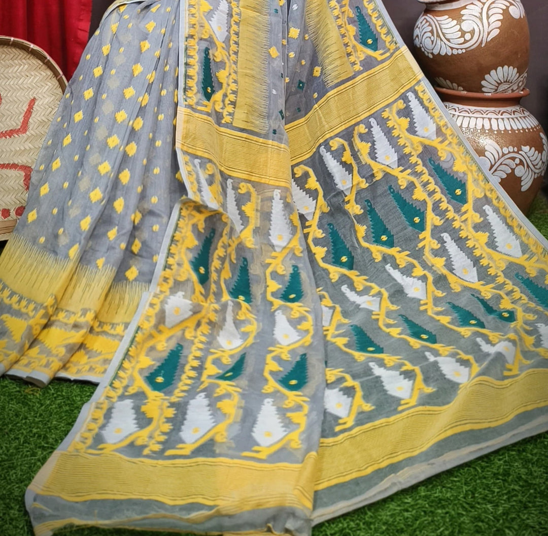 Coin Grey and Yellow Designer Ikkat Dhakai Jamdani Saree