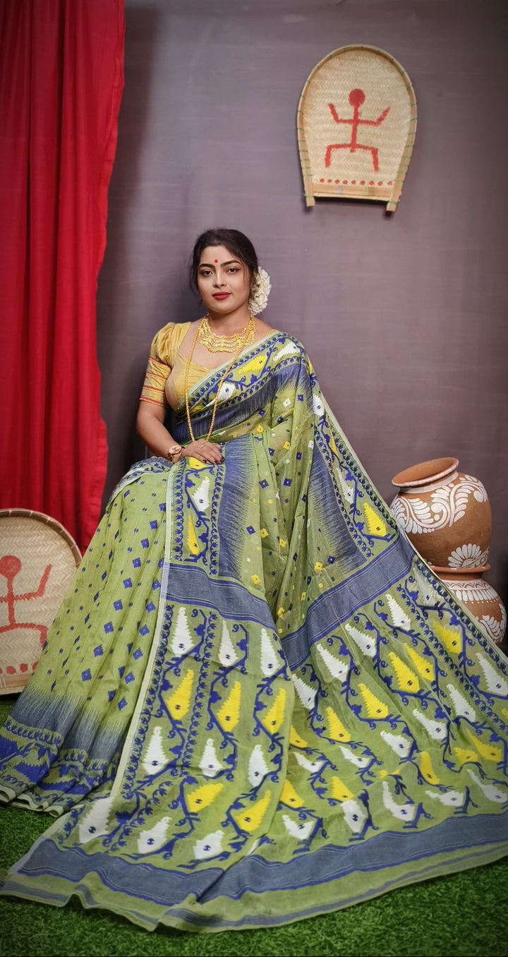 Olive Green and Navy Blue Designer Ikkat Dhakai Jamdani Saree