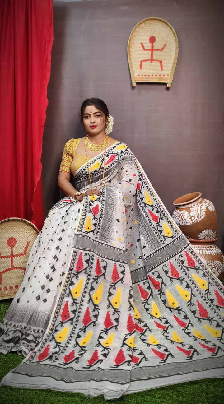 White and Black  Designer Ikkat Dhakai Jamdani Saree