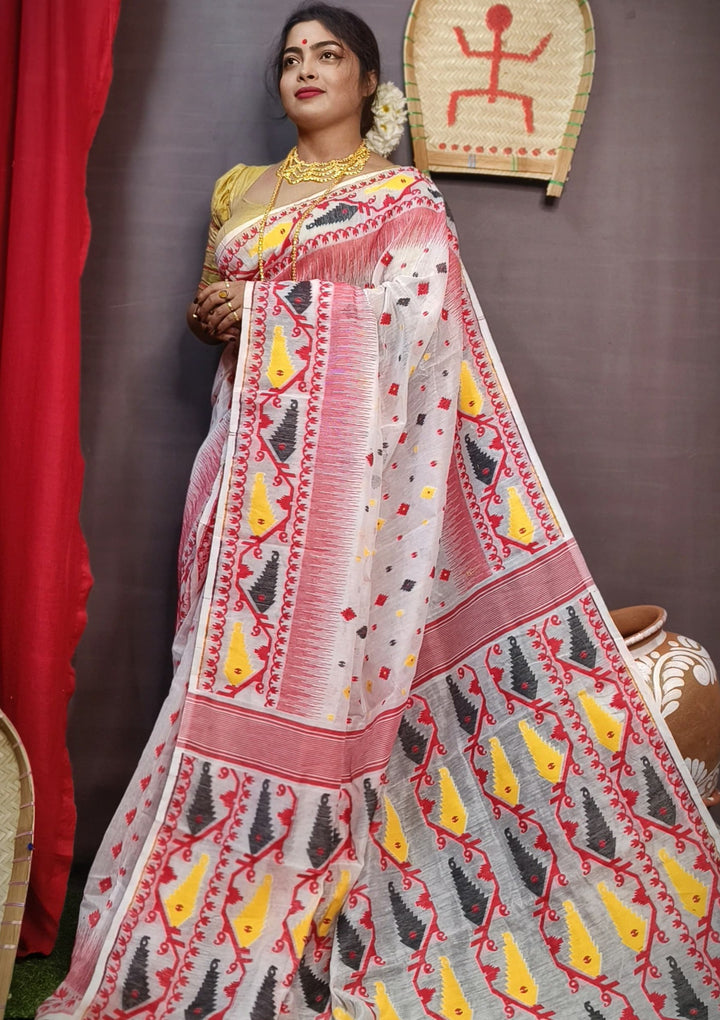 White and Red Designer Ikkat Dhakai Jamdani Saree