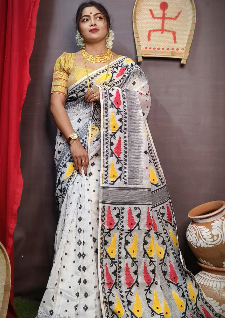 White and Black  Designer Ikkat Dhakai Jamdani Saree