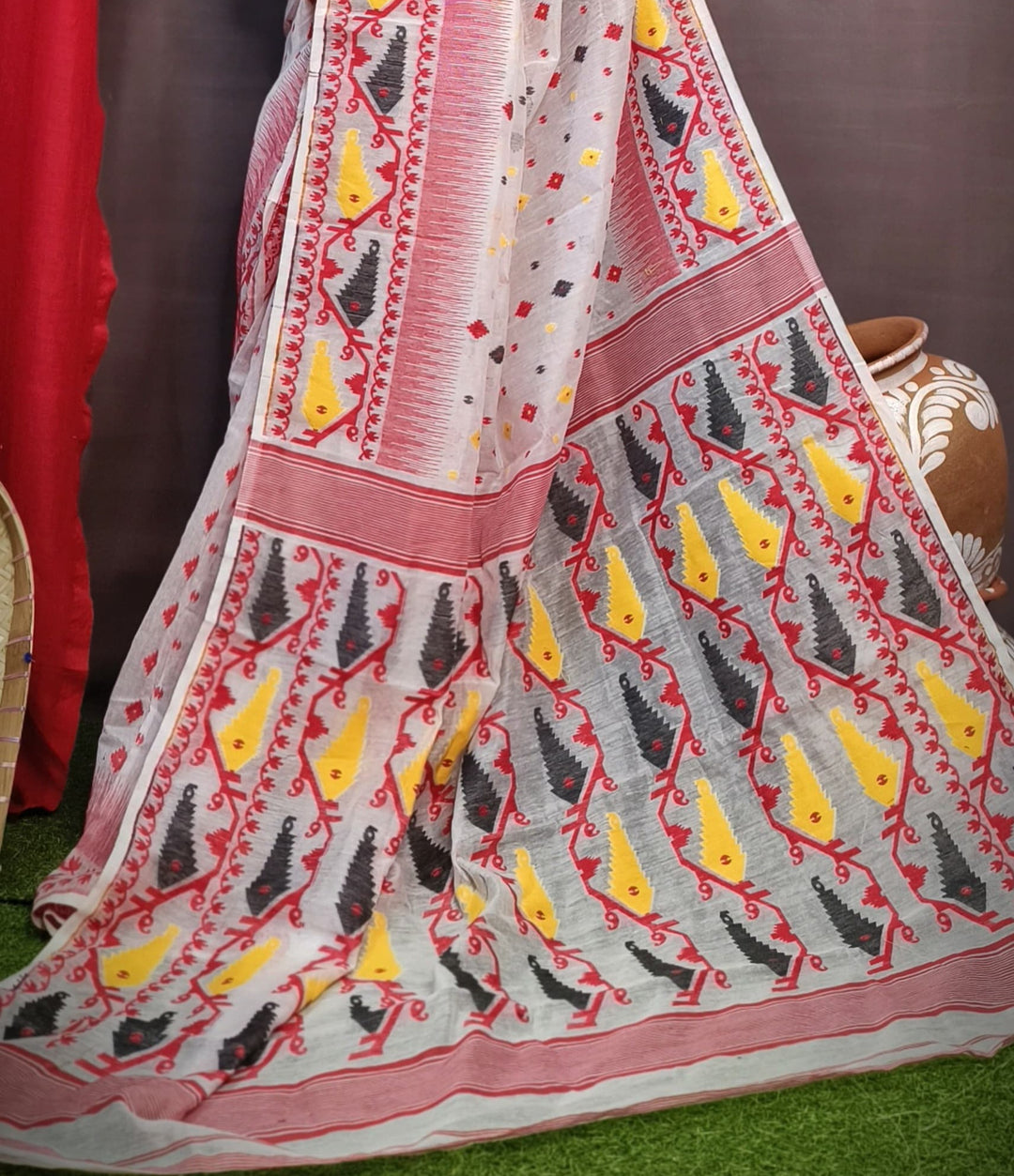 White and Red Designer Ikkat Dhakai Jamdani Saree