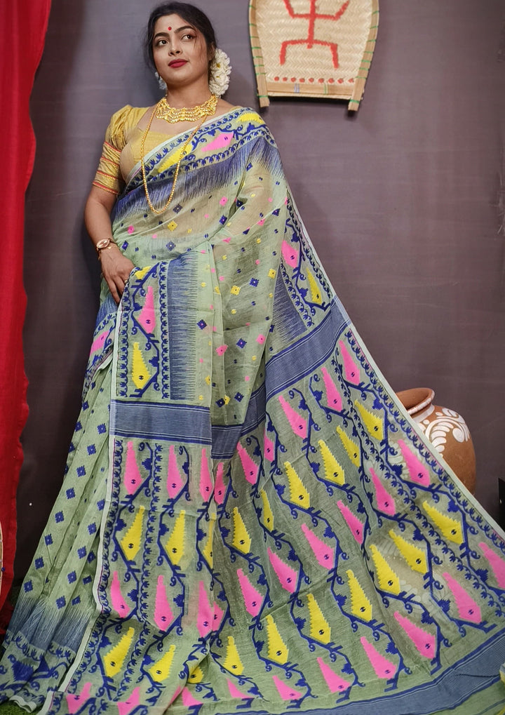 Mint Green and Navy Blue Designer Ikkat Dhakai Jamdani Saree