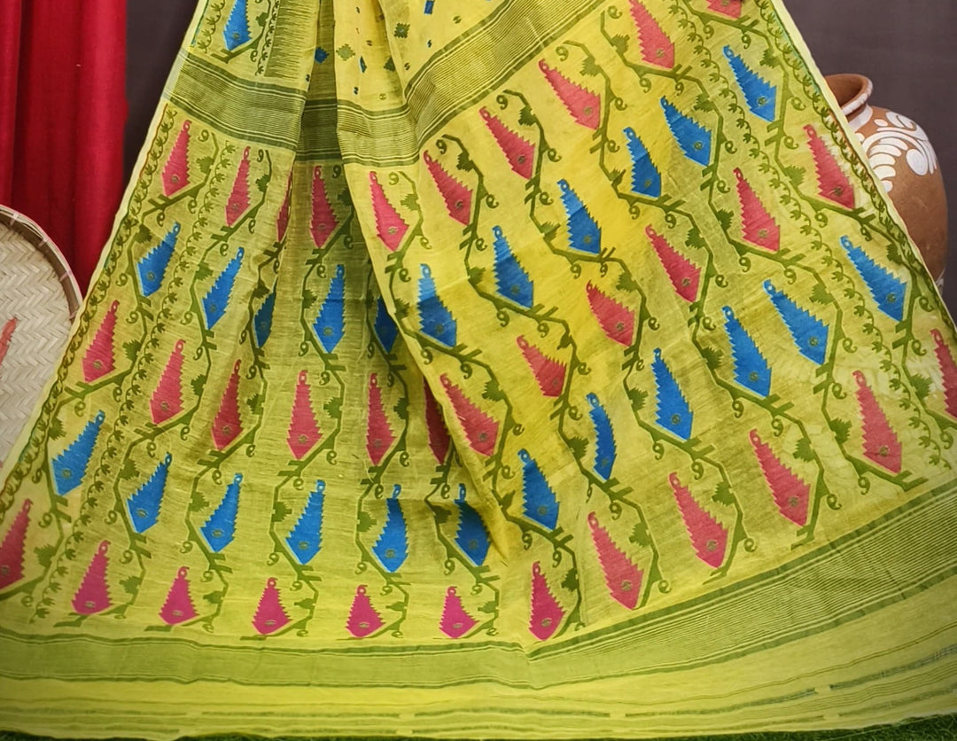 Pineapple Yellow and Olive Green Designer Ikkat Dhakai Jamdani Saree