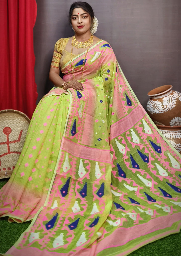 Grass Green and Pink Designer Ikkat Dhakai Jamdani Saree