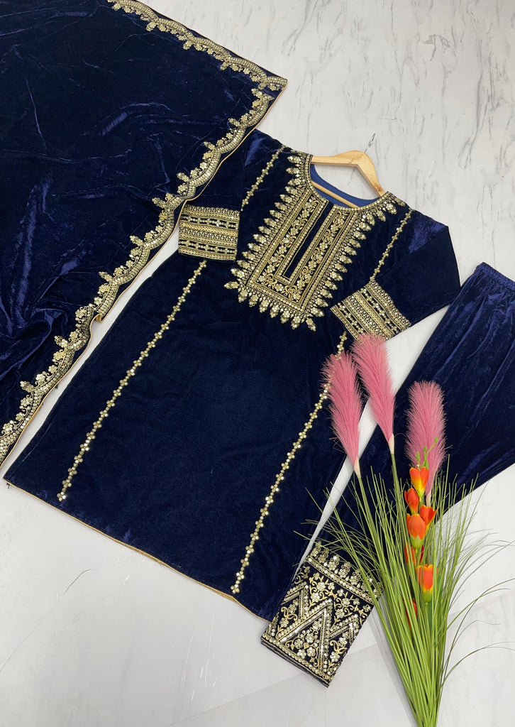 Velvet Party- Designer Suit Set(Blue)