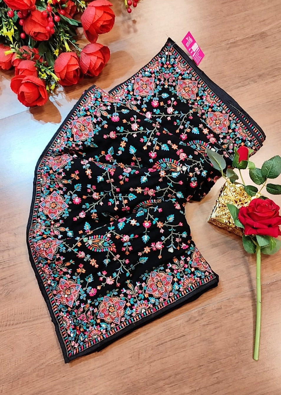 Heaven On Earth Floral Embroidery Saree (Black )