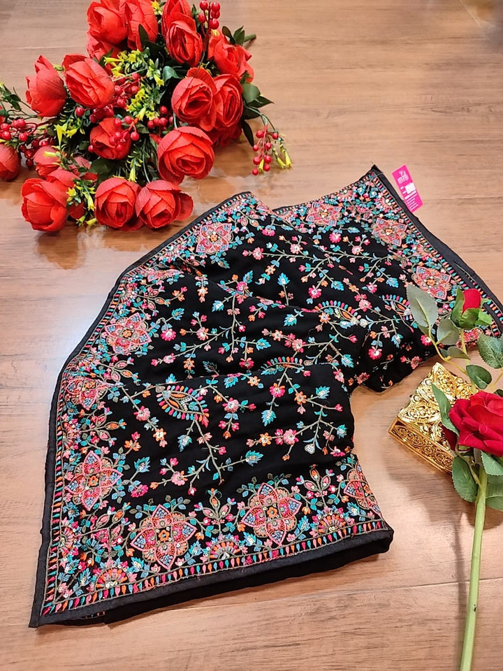 Heaven On Earth Floral Embroidery Saree (Black )