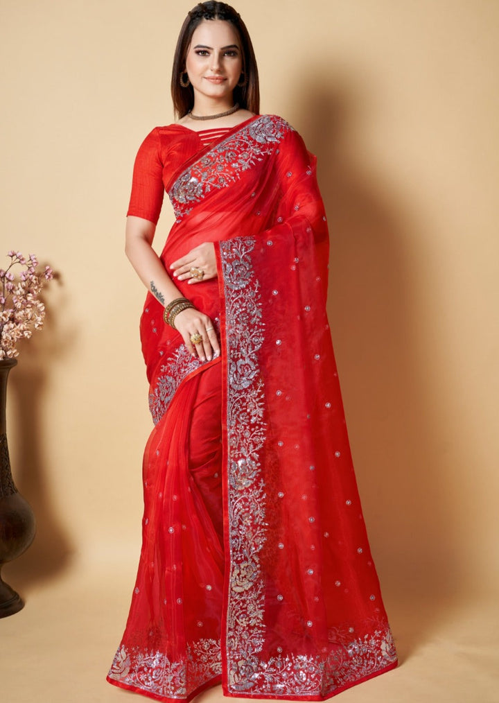 Red Love Ocean- Organza  Saree