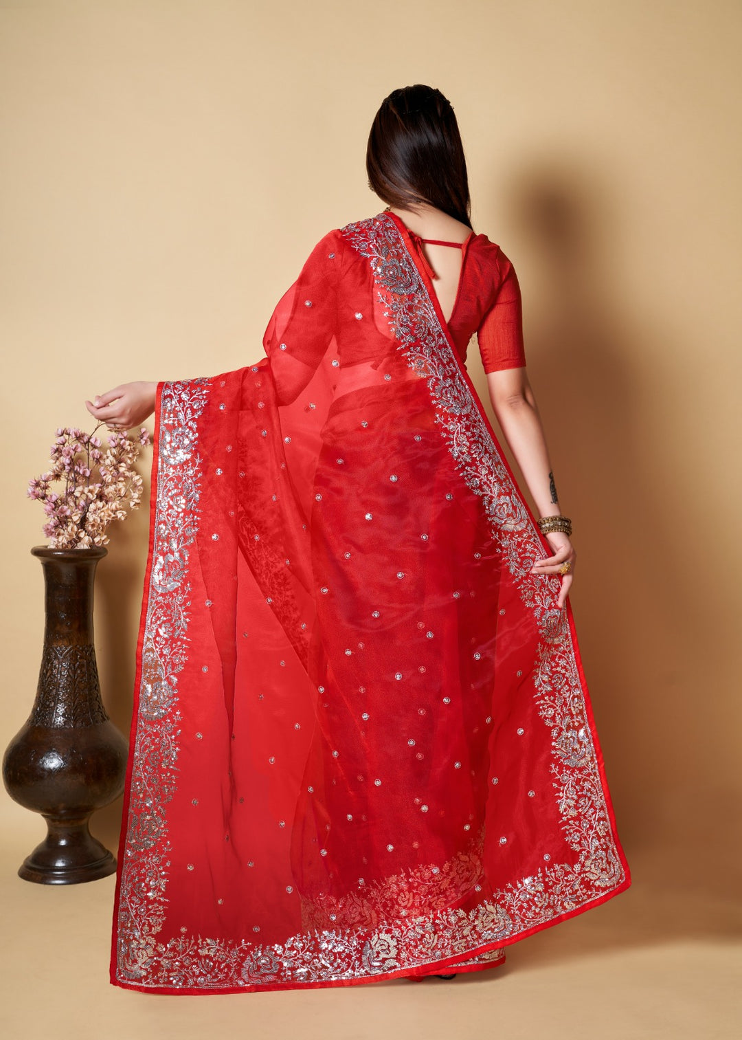 Red Love Ocean- Organza  Saree