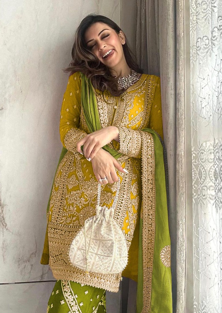 Pure Geogratte Fabrics Party Wear Suit in Yellow With Embriodery Work - Party  Wear Salwar Suit - Suits & Sharara