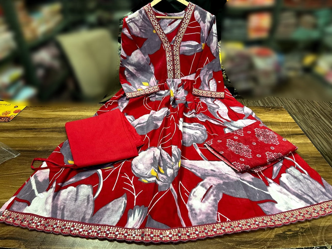 Red Lake- Cotton Kurti Set