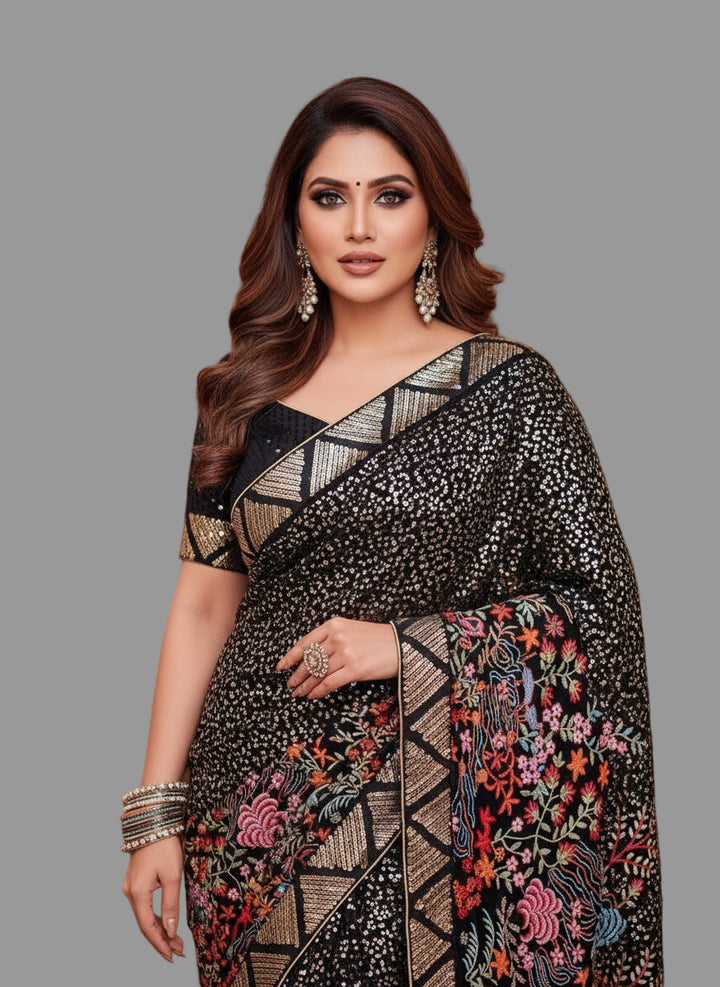 Golden Shower Tree - A Beautiful Designer Saree(Black )