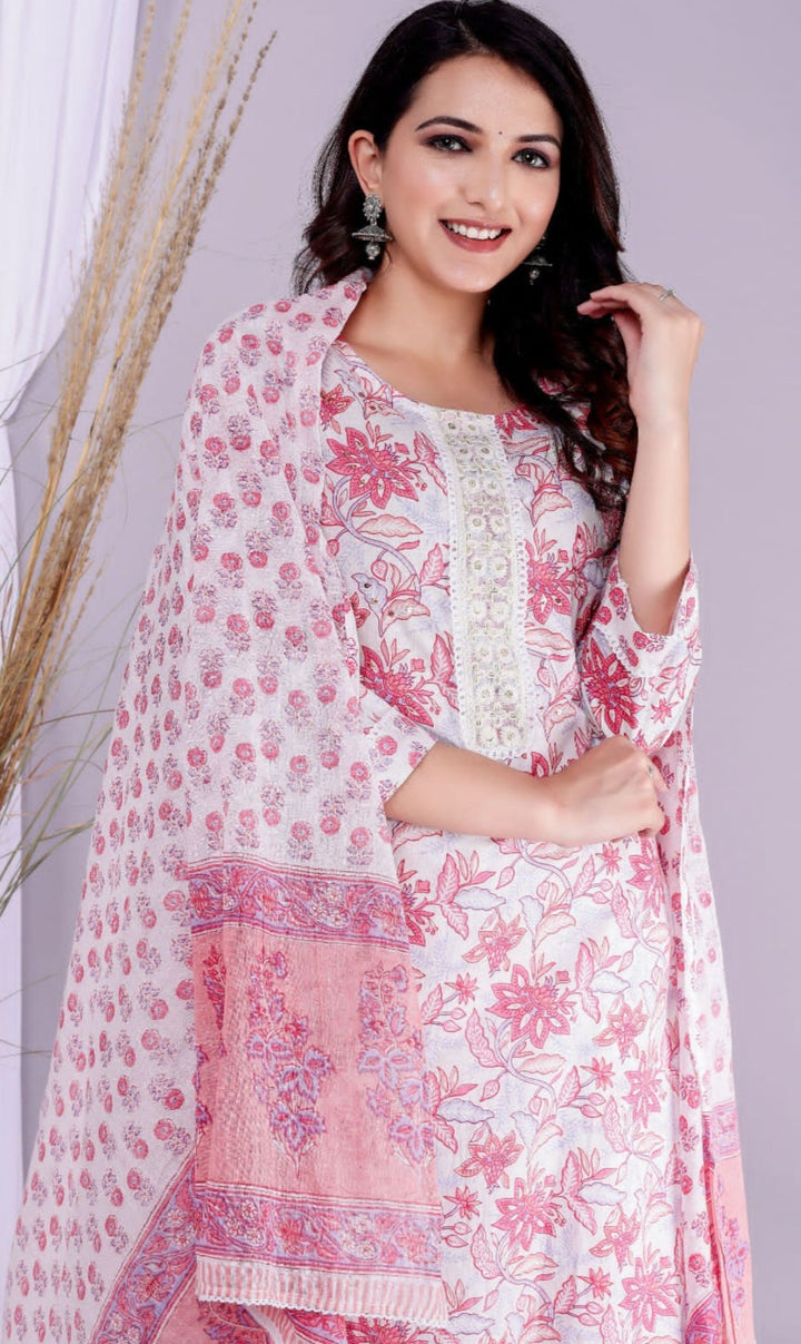 Whitish Pink Gems-  Cotton Kurti Set