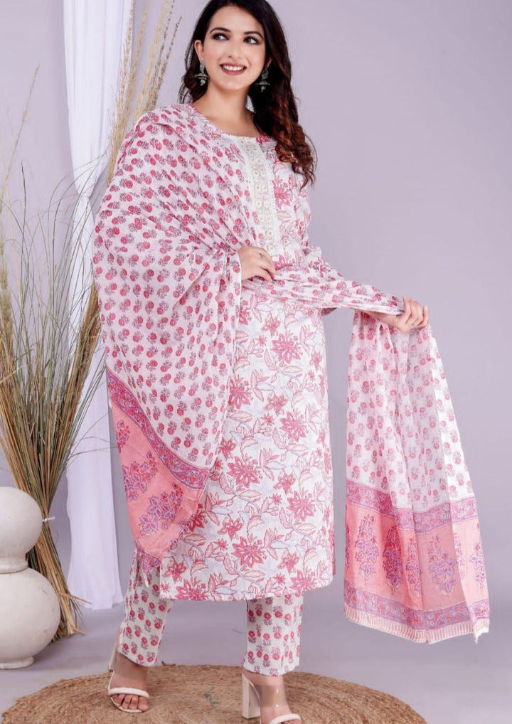 Whitish Pink Gems-  Cotton Kurti Set