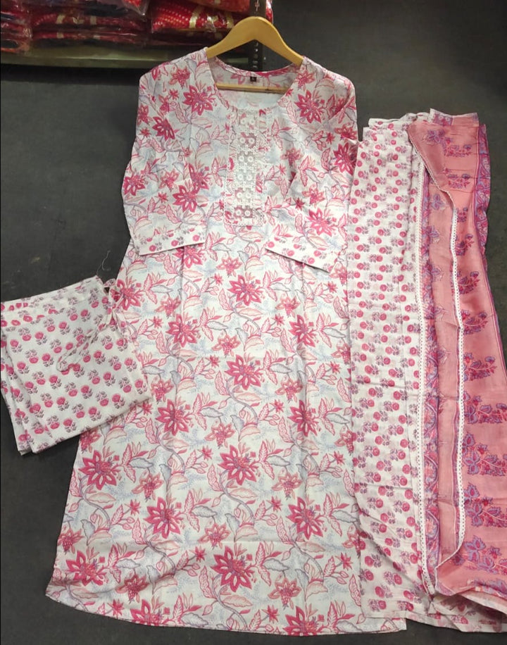 Whitish Pink Gems-  Cotton Kurti Set