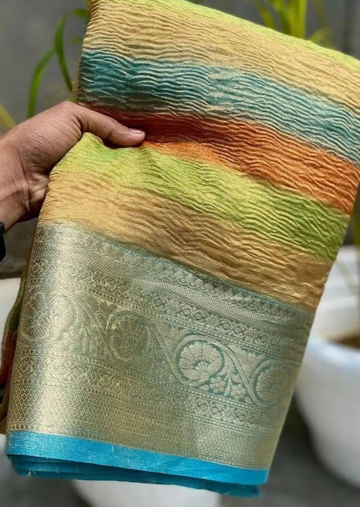 Rainbow Banarasi Crushed Tissue Soft Silk Saree