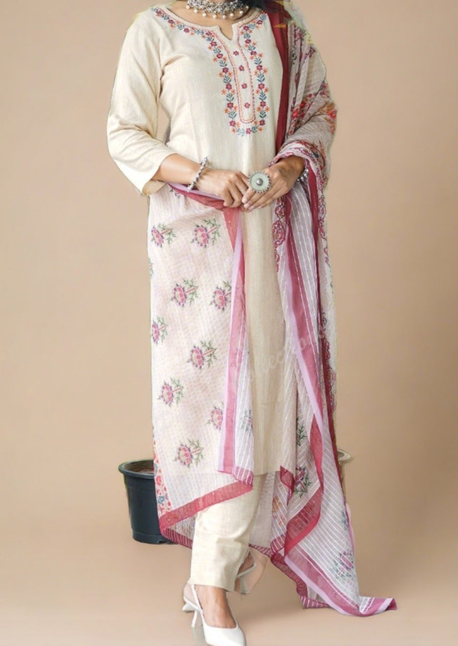 White Ripple Cotton Kurti Set