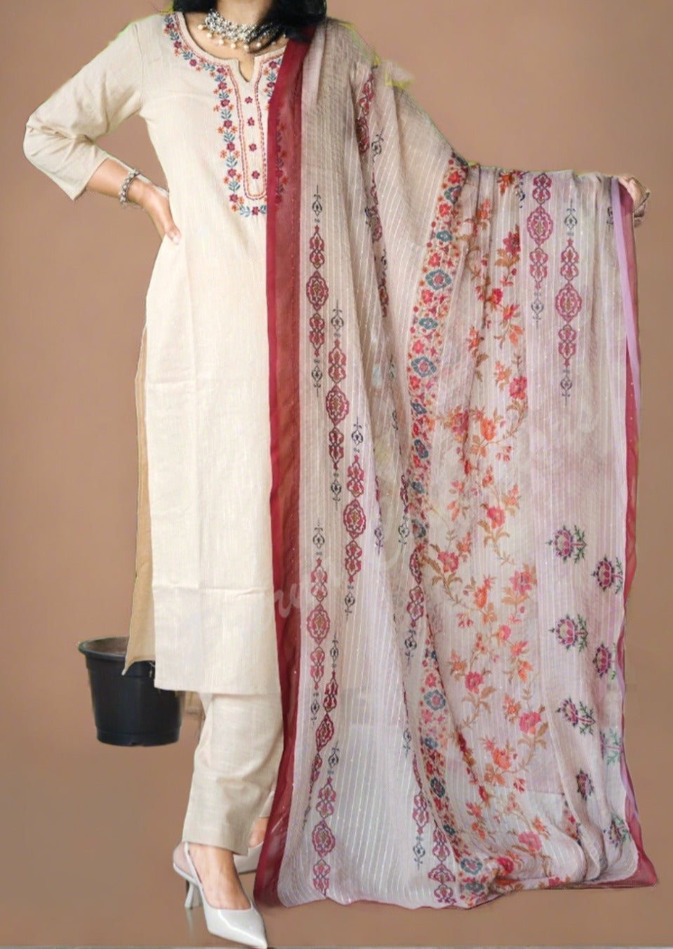 White Ripple Cotton Kurti Set