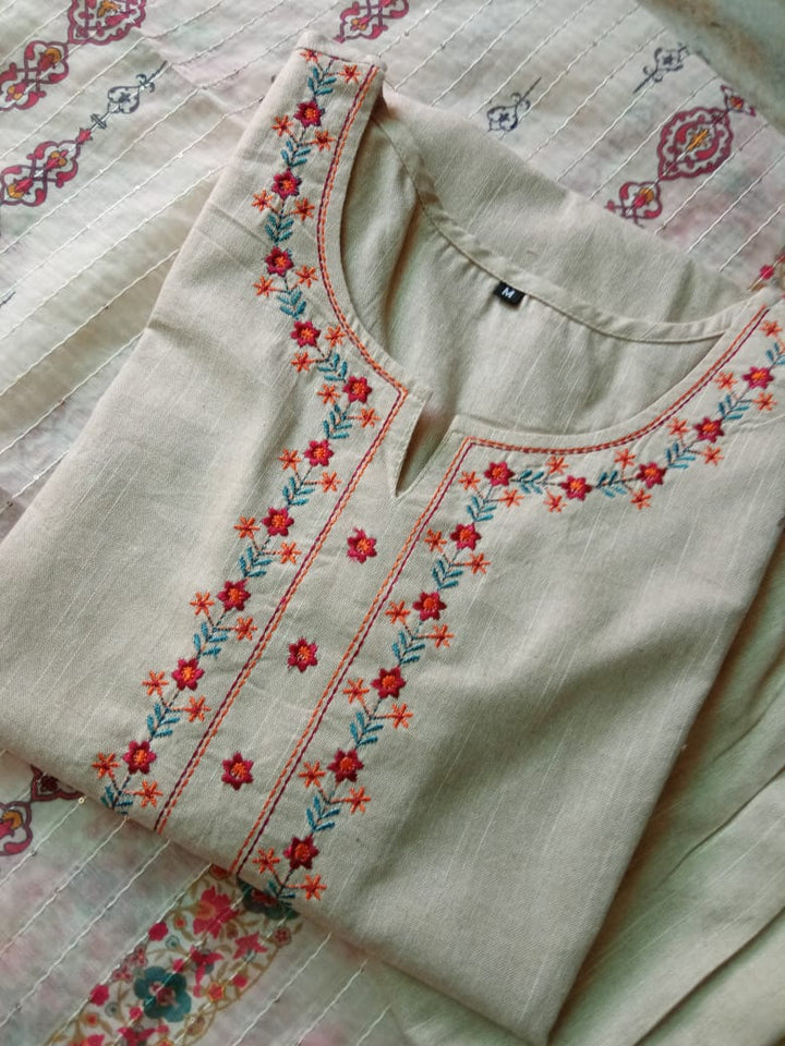 White Ripple Cotton Kurti Set